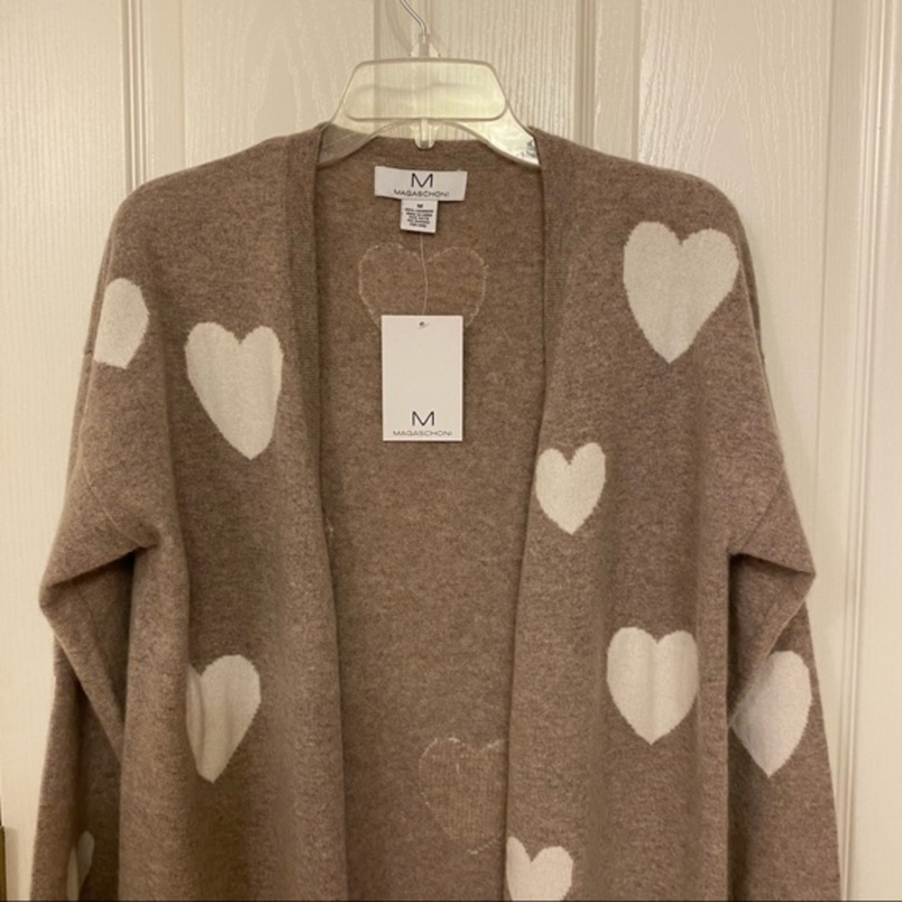 MAGASCHONI Heart Open Front Cashmere Cardigan in Pebble Heather/Frost White Sz M - Picture 4 of 9